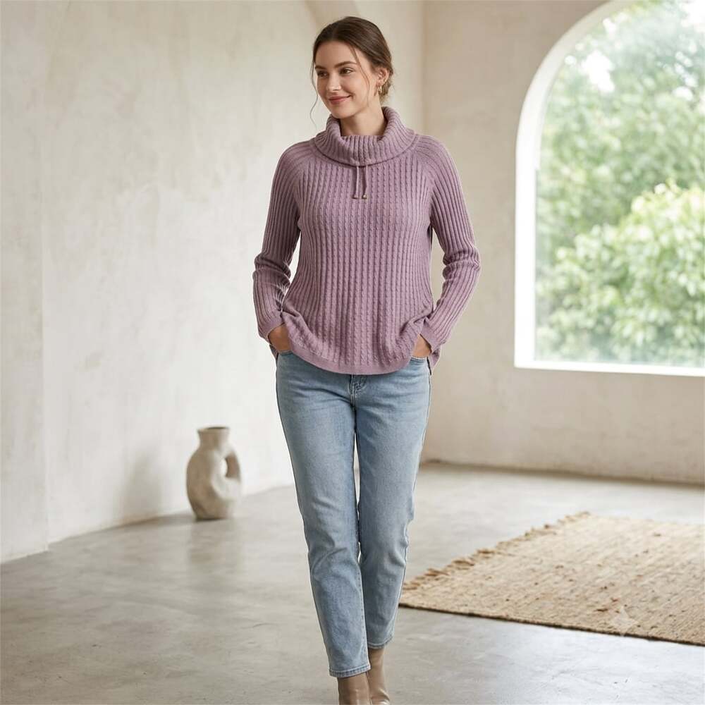 Soft Surroundings Women's Lilac Purple Ribbed Knit Drawstring Cowl Neck Sweater
